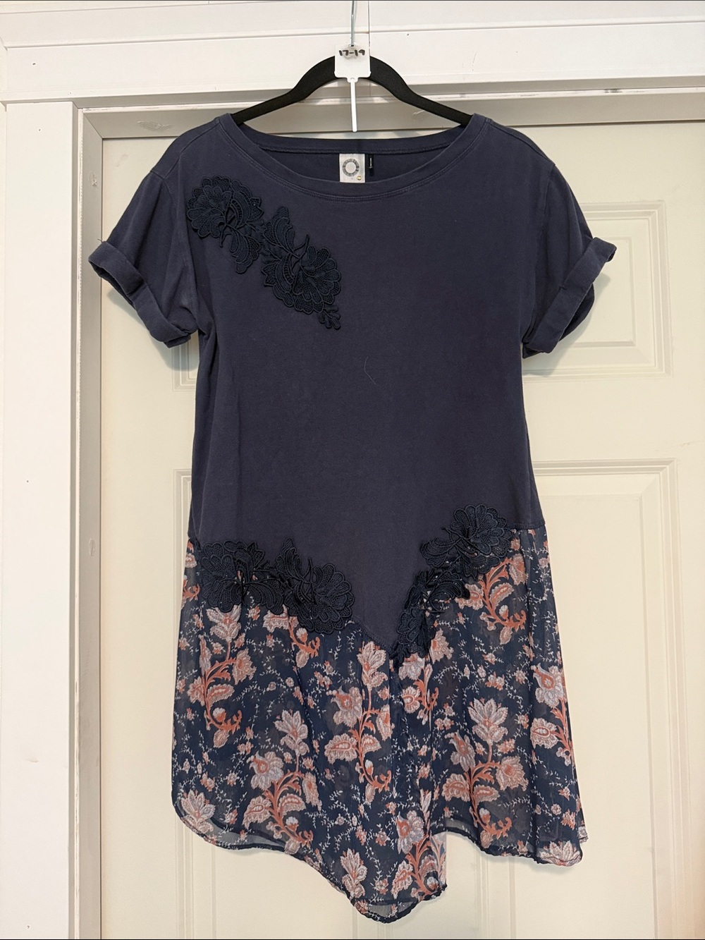 Navy Floral Trim Tunic Top - Women's Casual Shirt